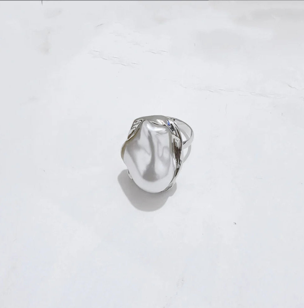 White Pearl Foiled Silver Ring