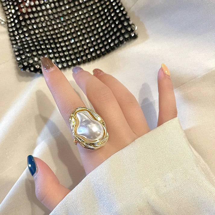 White Pearl Foiled Gold Ring