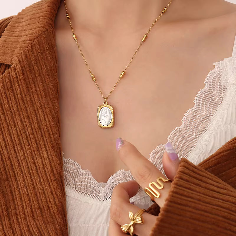 Gold Foil Silver Rose Flower Necklace