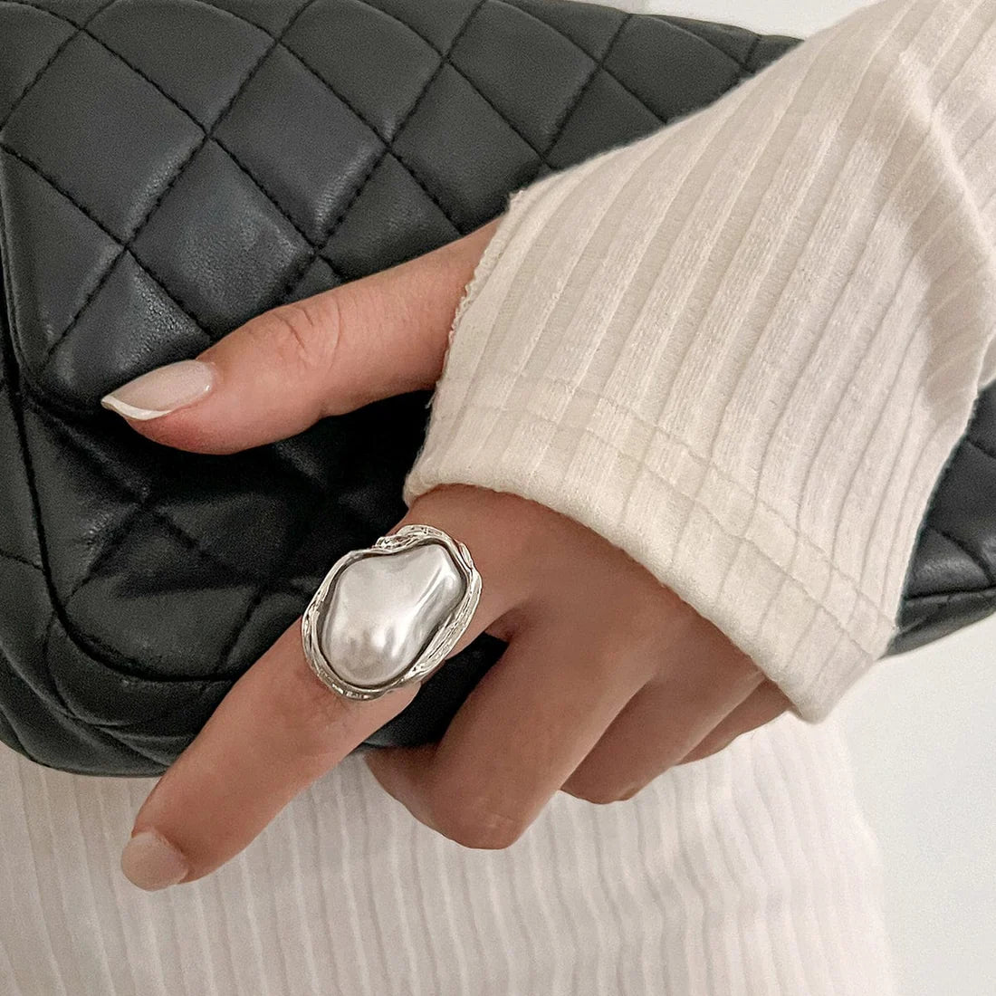 White Pearl Foiled Silver Ring